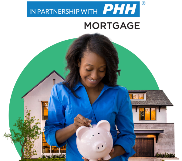 Woman with piggy bank and house